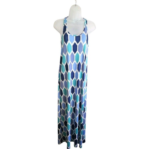 Tori Richard Valerie Racerback Tank Maxi Dress Blue Green Geometric Sz S Hawaii - Picture 4 of 13